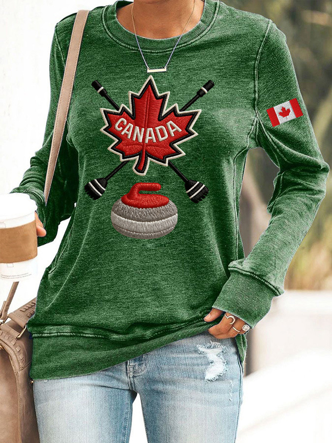 Canada Maple Leaf Curling Print Crewneck Sweatshirt