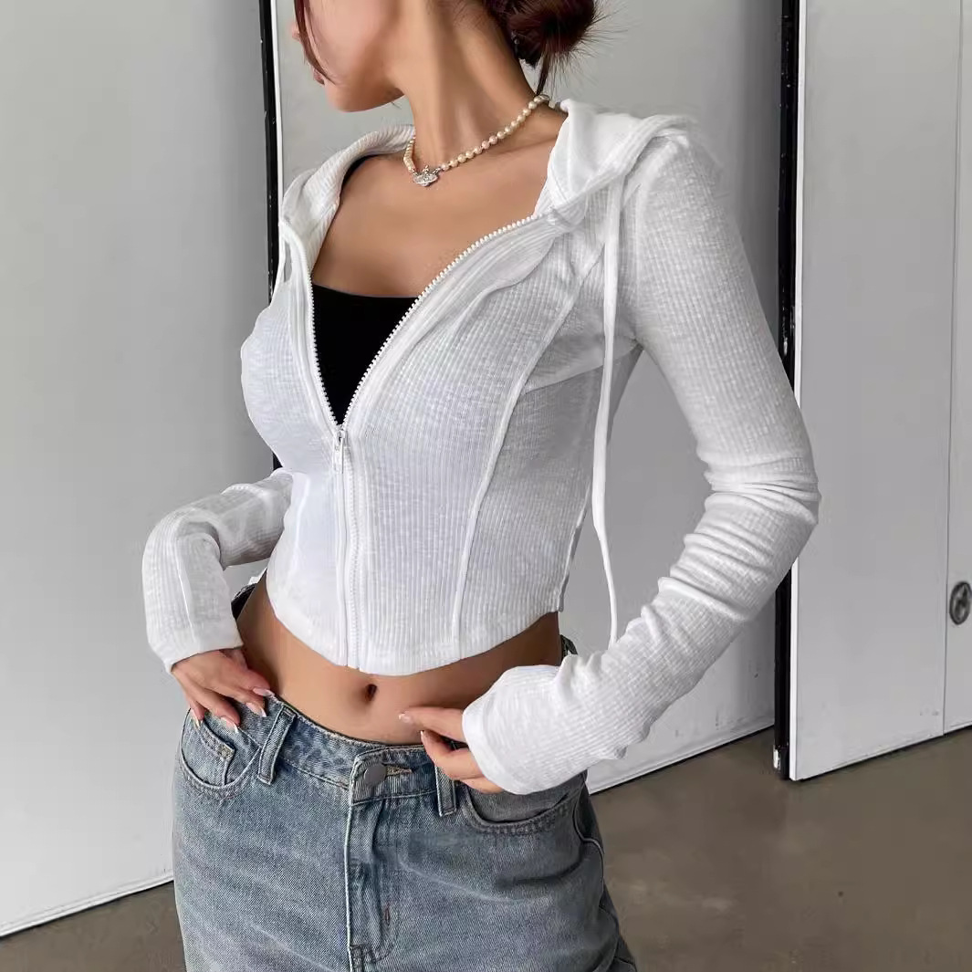 Women's Slim Fit Hooded Zip-Up Knit Cardigan Short Solid Color Long Sleeve