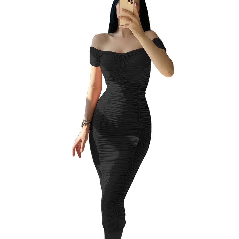 Women's Off-Shoulder Ruched Long Dress Solid Color Elegant Summer