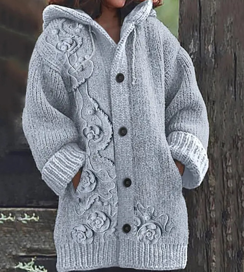 Women's Boho Print Hooded Button Cardigan Sweater