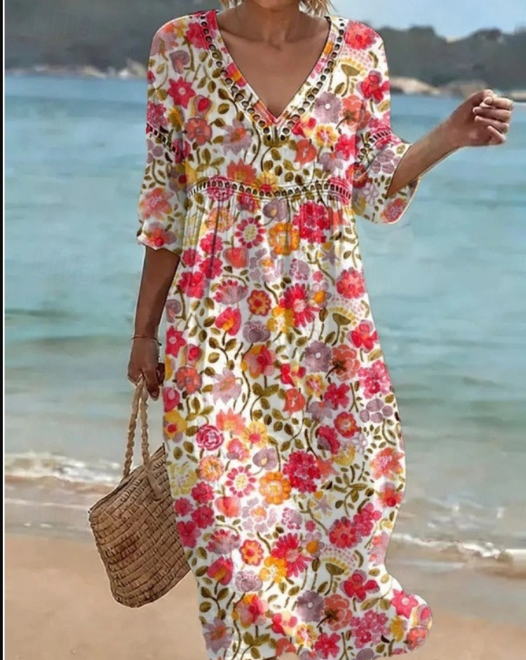 Women's Floral Print Pleated Midi Dress with Deep V-Neck and 3D Effect