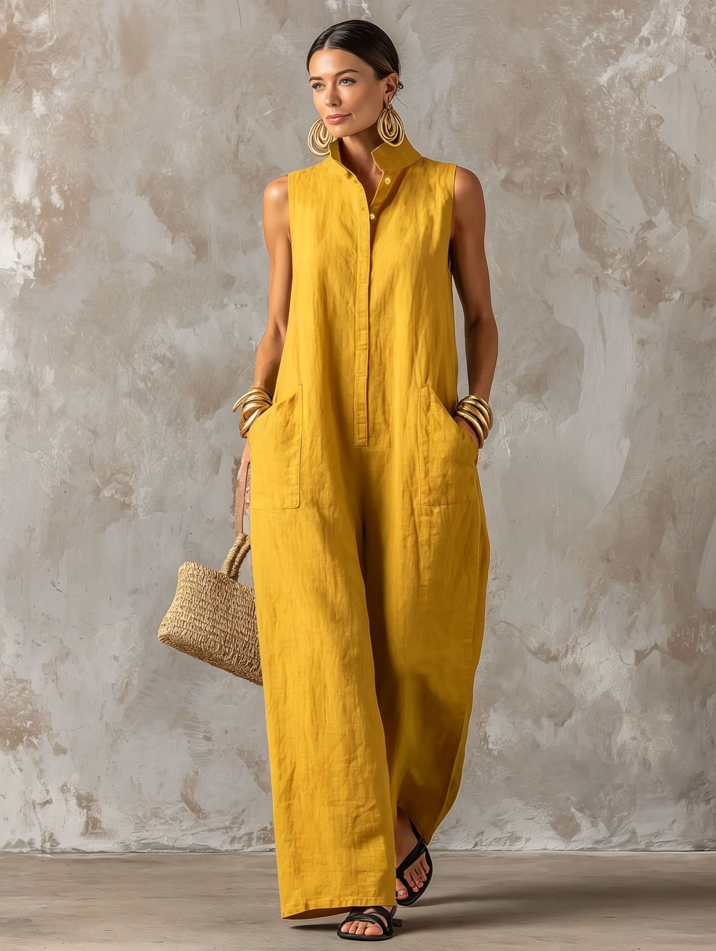 Women's Linen-Blend Sleeveless Jumpsuit with Stand Collar, Button Front, Loose Fit, Vacation Style