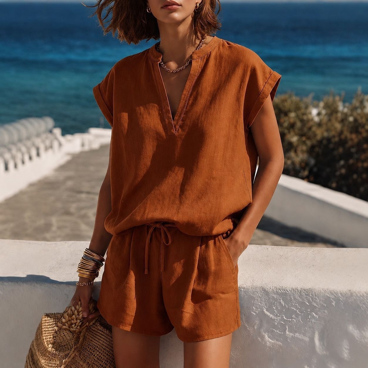 Women's Breathable V-Neck Cap Sleeve Top and Drawstring Shorts Set with Pockets