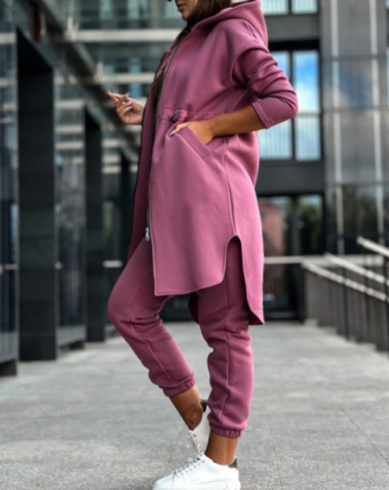 Women's Solid Color Long Sleeve Hooded Sweatshirt Set