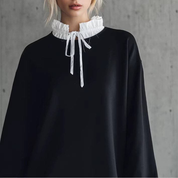 Women's Black Colorblock Ruffle Neck and Hem Mini Dress
