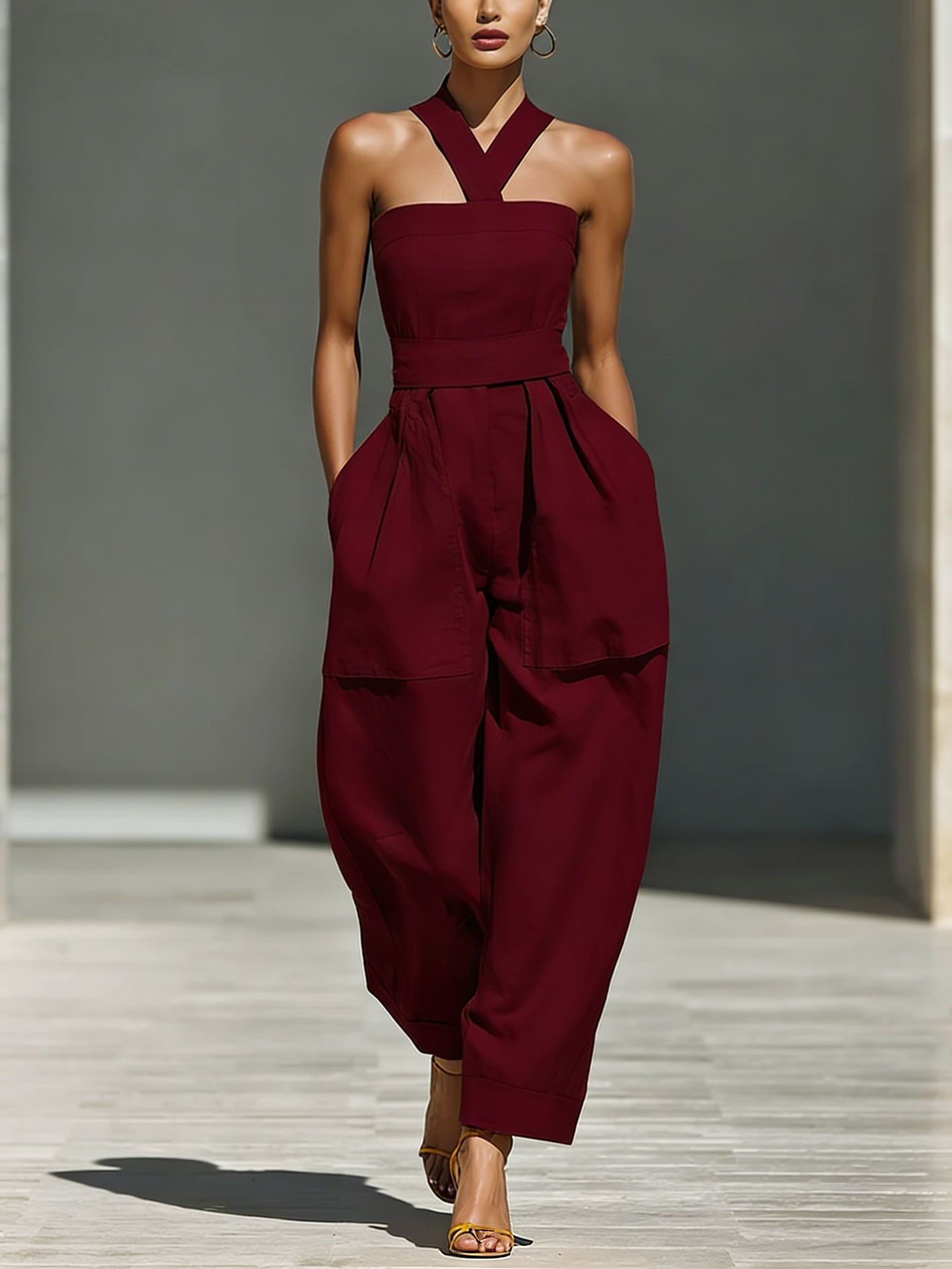 Linen-Blend Cross Halter Neck Loose Women's Jumpsuit
