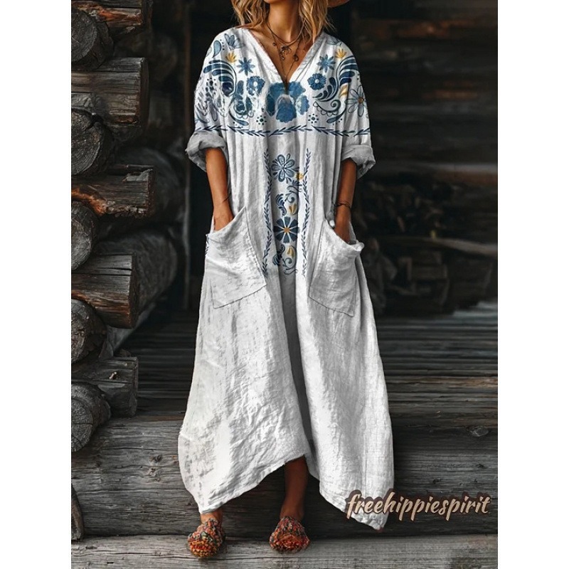 Women's Floral Ripple Print V-Neck A-Line Midi Dress Long Sleeve