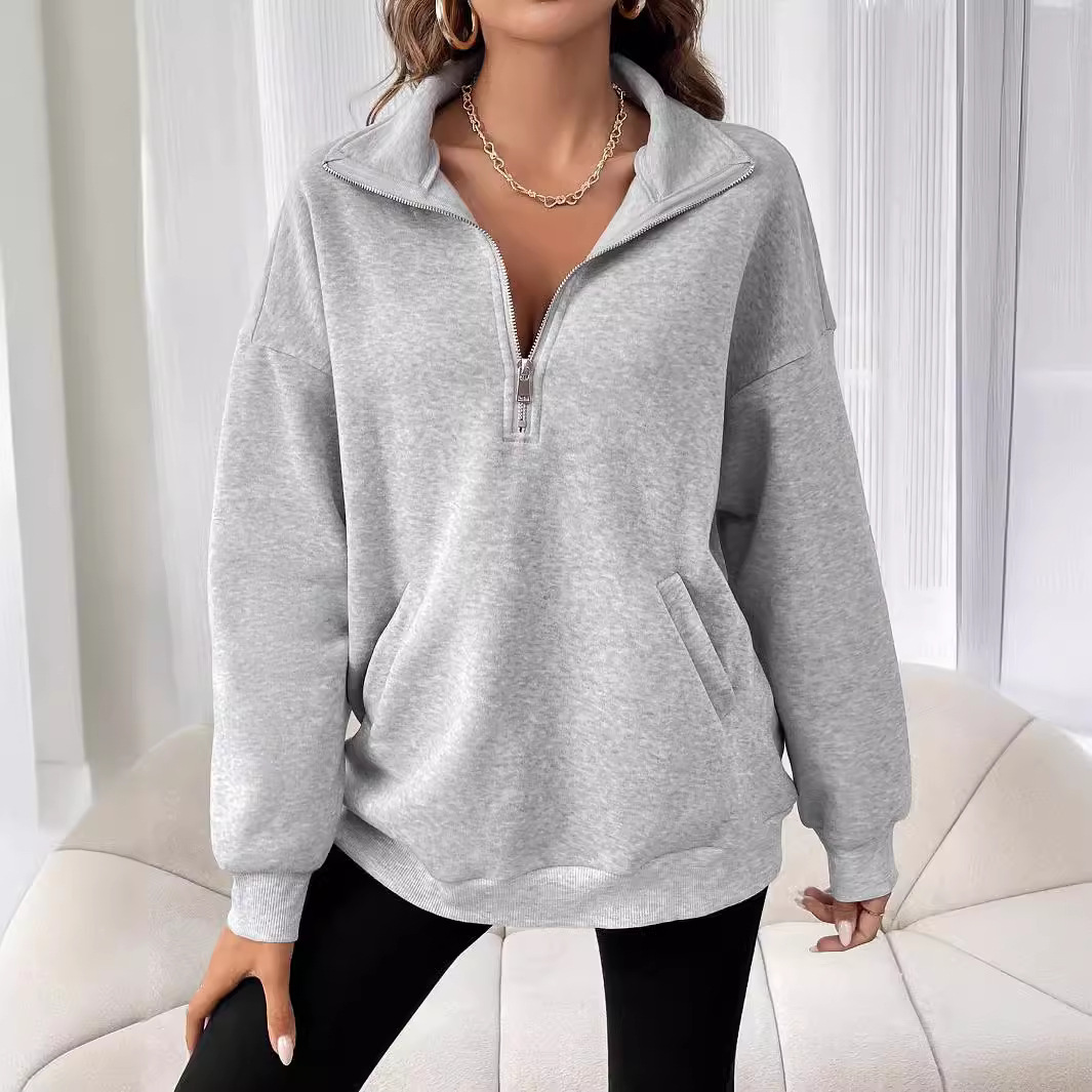 Women's Zip-Up Collared Solid Color Casual Sweatshirt