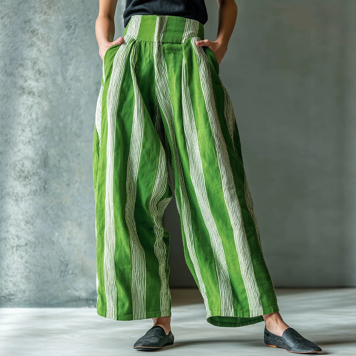Women's Loose Striped Wide-Leg Pants Casual Vacation Linen-Blend High Waist