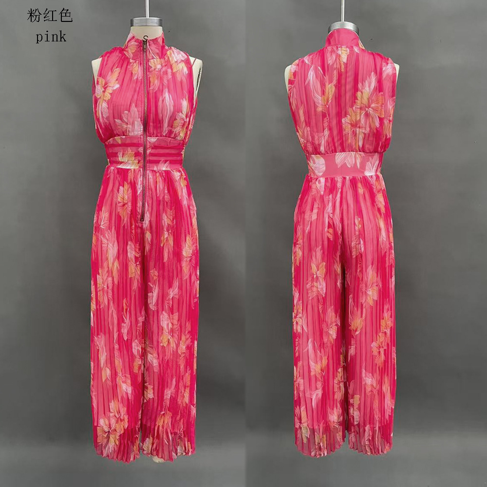 Women's Pleated Halter Wide-Leg Jumpsuit Sleeveless Deep V-Neck