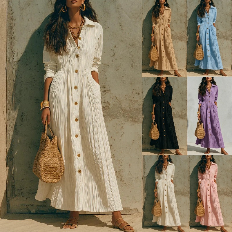 Women's Collared Button-Front Pleated Long Sleeve A-Line Shirt Dress