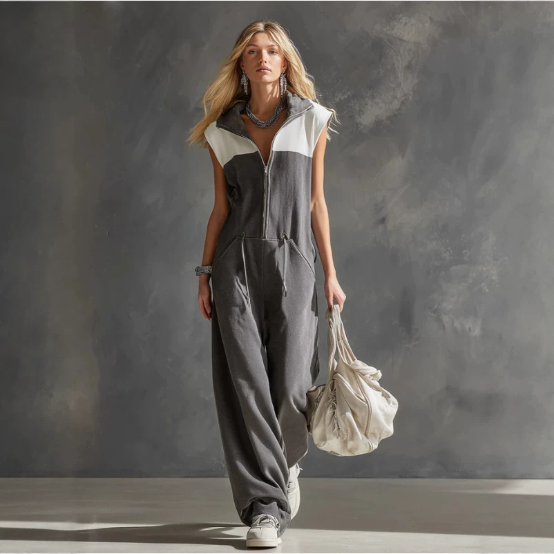 Women's Gray and White Colorblock Zip Front Sleeveless Jumpsuit