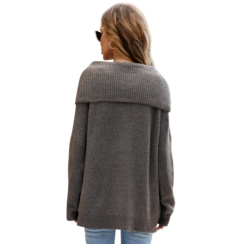 Women's Mid-Length Loose Knit Sweater Solid Color Turn-Down Collar Pullover