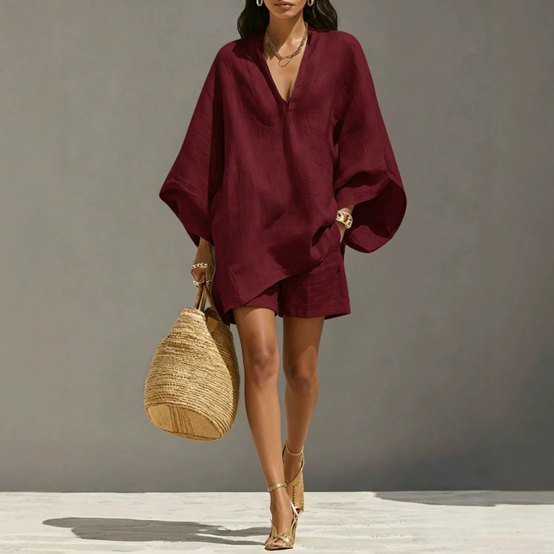 Women's Casual Batwing Sleeve V-Neck Loose Two-Piece Set with Pockets