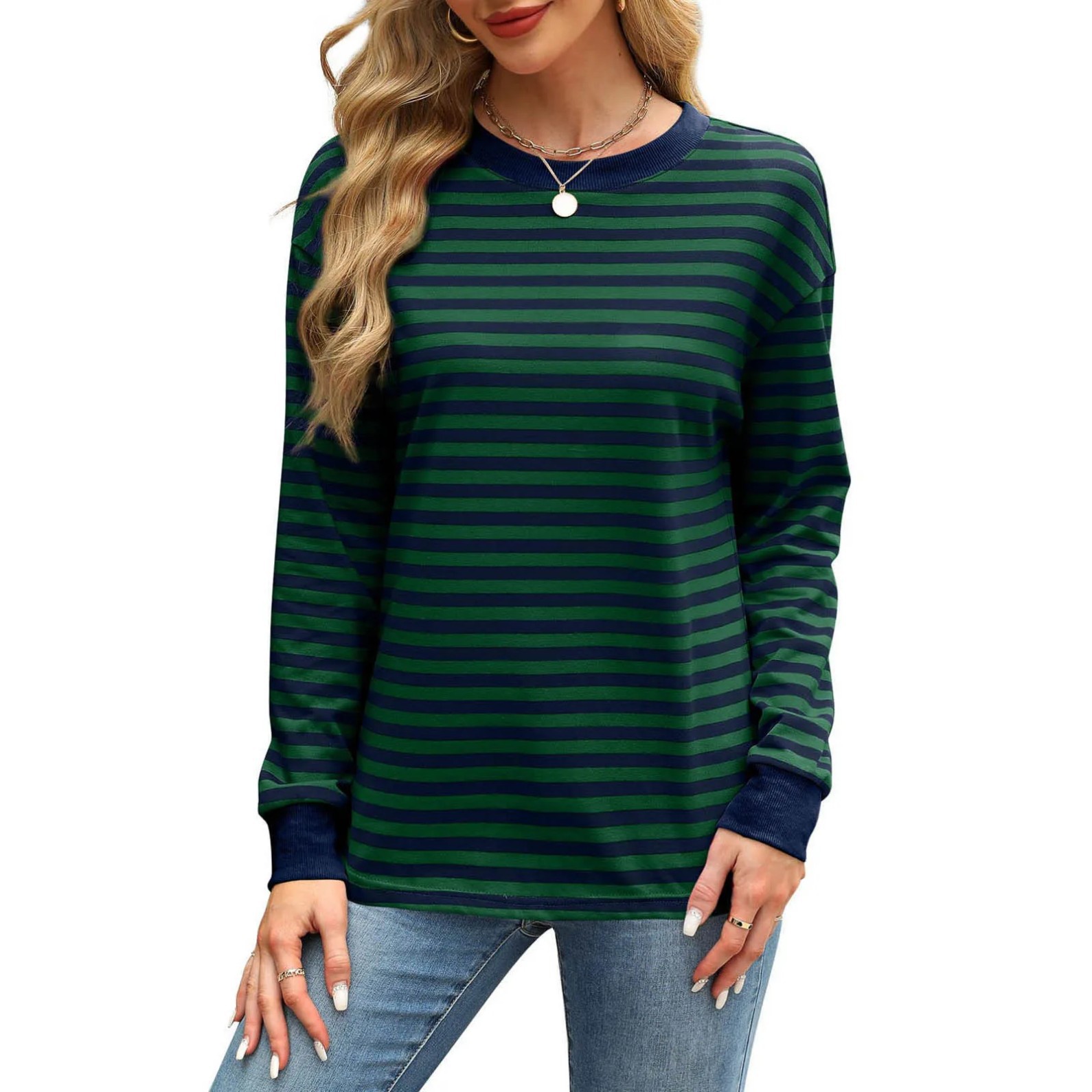 Women's Striped Print Crewneck Sweatshirt Casual Pullover