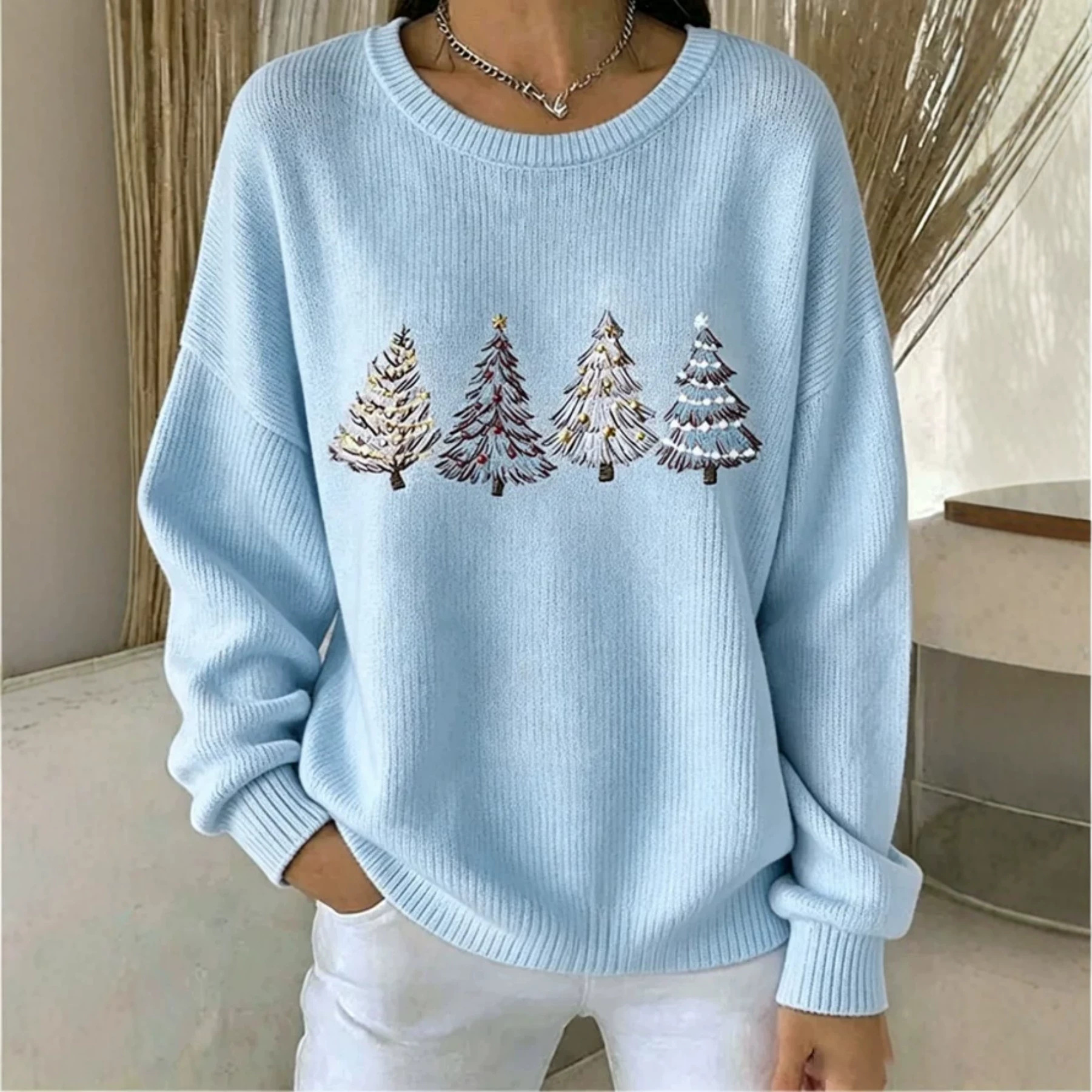Forest Tree Print Crewneck Long Sleeve Pullover Sweatshirt