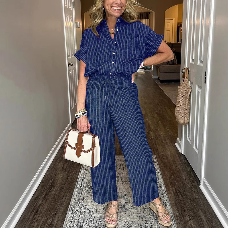 Women's Striped Two-Piece Set with Collared Short Sleeve Top and Straight-Leg Pants