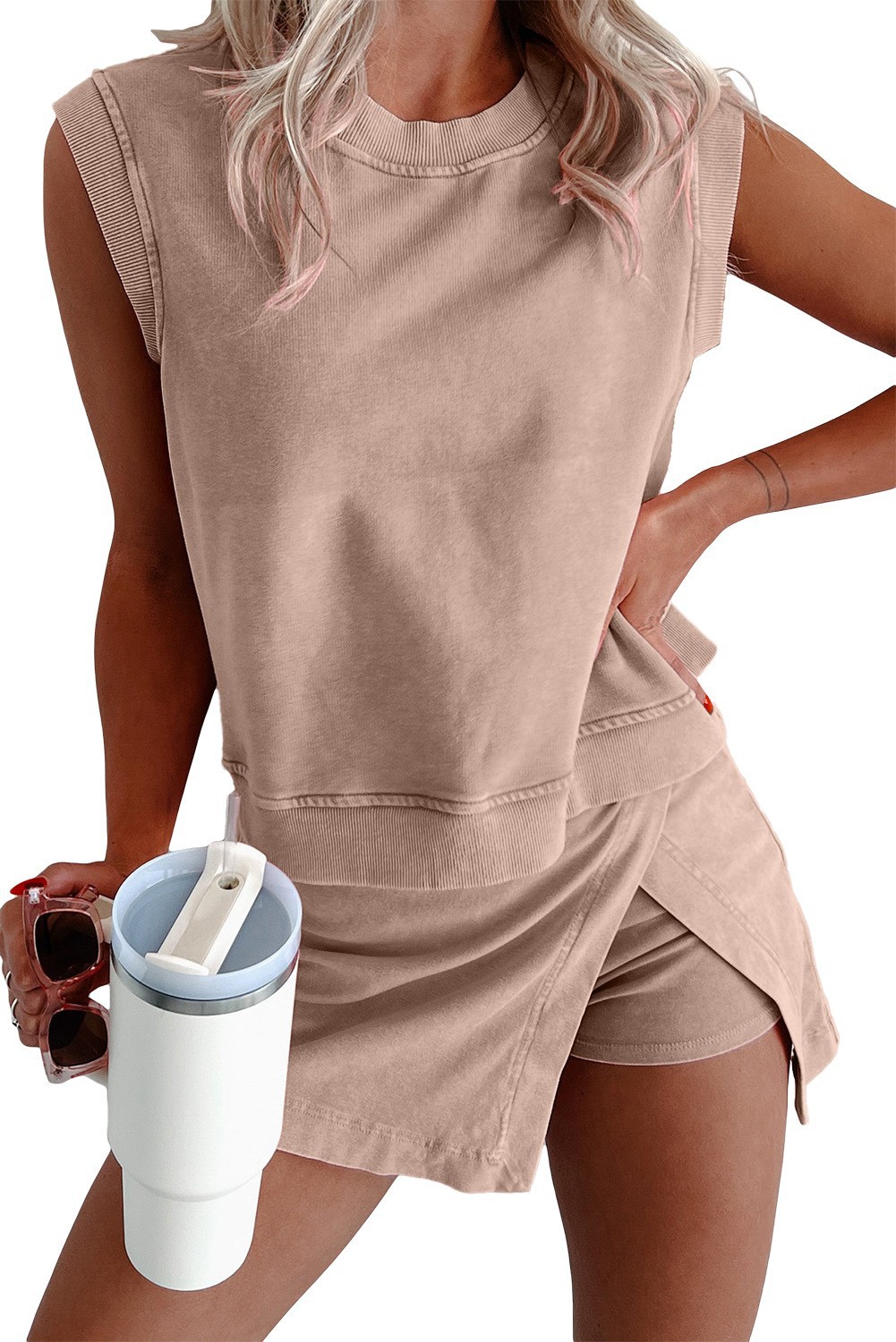 Women's Solid Sleeveless Top and Shorts Two-Piece Set