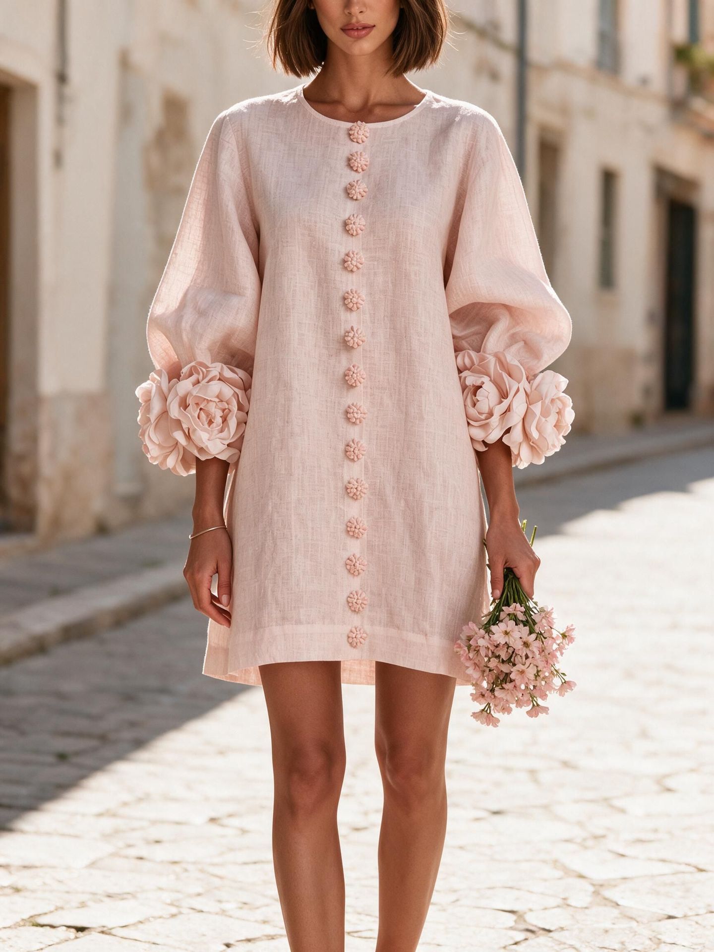 French 3D Floral Lantern Sleeve Dress