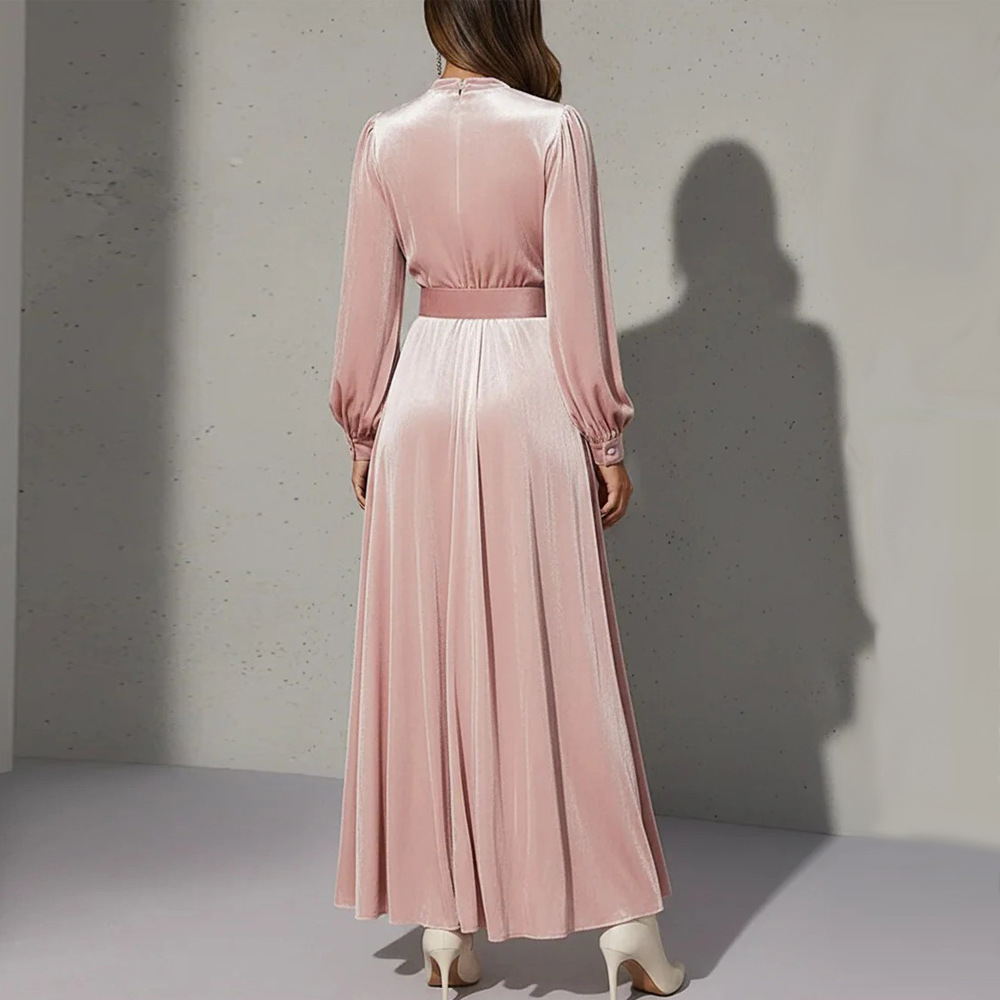 Solid V-Neck Gold Velvet Long Sleeve Dress with Waist Belt