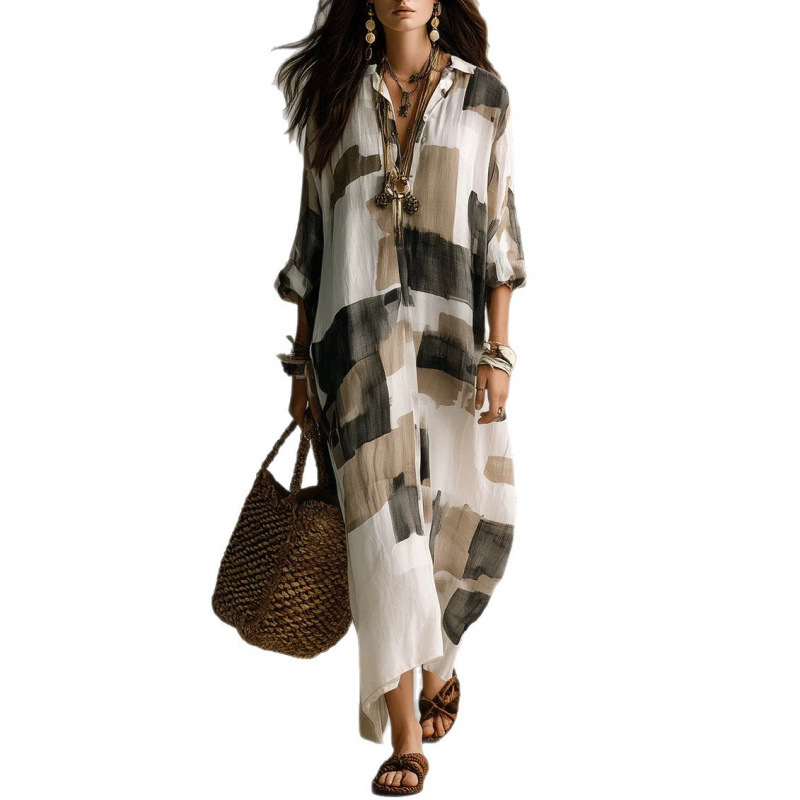 Geometric Print Shirt Dress Women's Long Sleeve Casual Vacation Sun Protection Dress