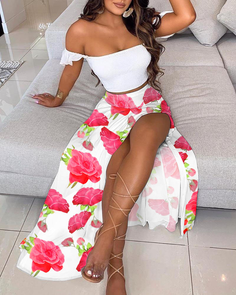 Women's Slim Fit French Bohemian Print Midi Strapless Two-Piece Dress Set