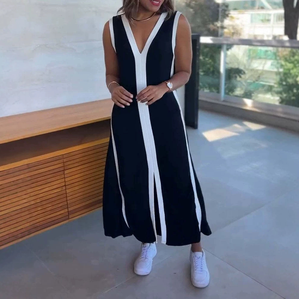 Blue and White Colorblock Sleeveless V-Neck Midi Dress with Slit