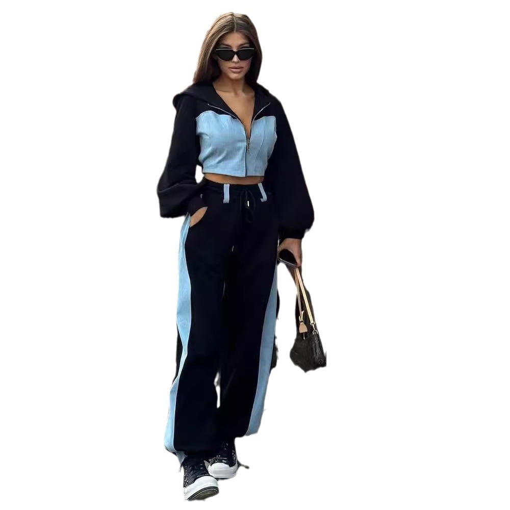 Women's Denim Patchwork Hoodie and Pants Two-Piece Set