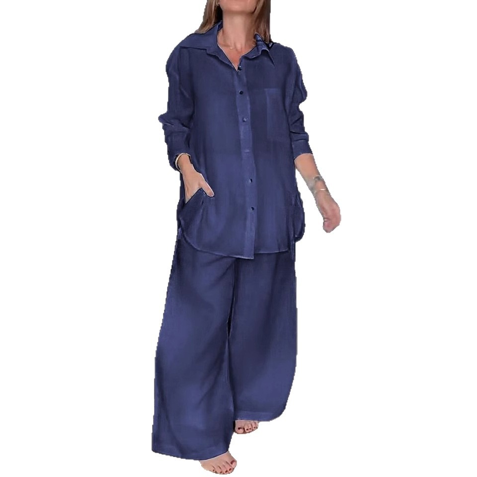 Women's Casual Linen-Blend Shirt and Pants Set with Colorblock Detail
