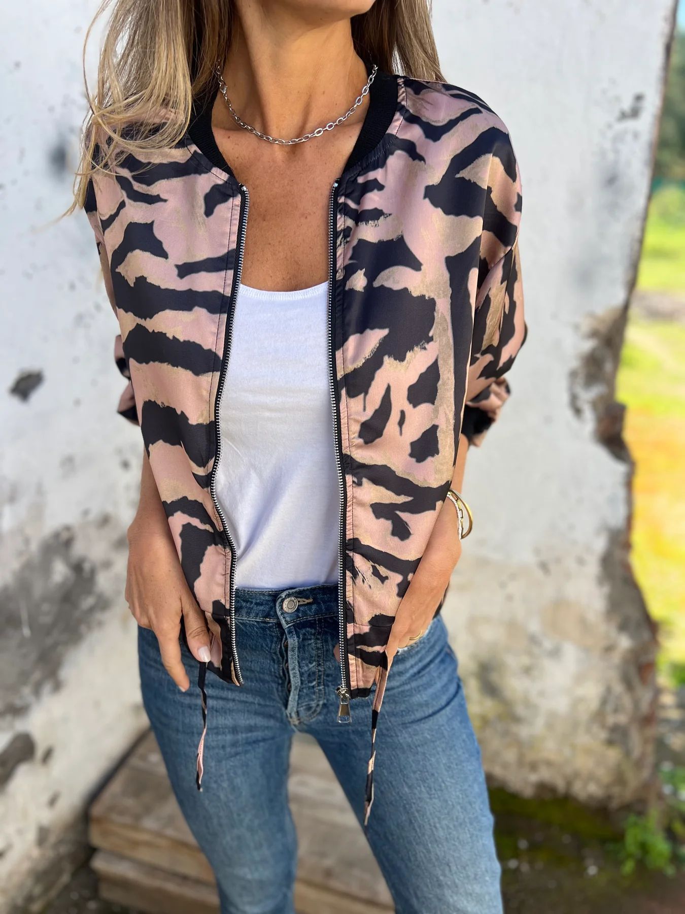 Women's Zip-Up Bomber Jacket Animal Print Casual