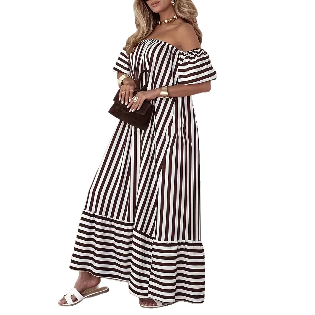 Elegant Off-Shoulder Striped A-Line Maxi Dress with Flared Sleeves