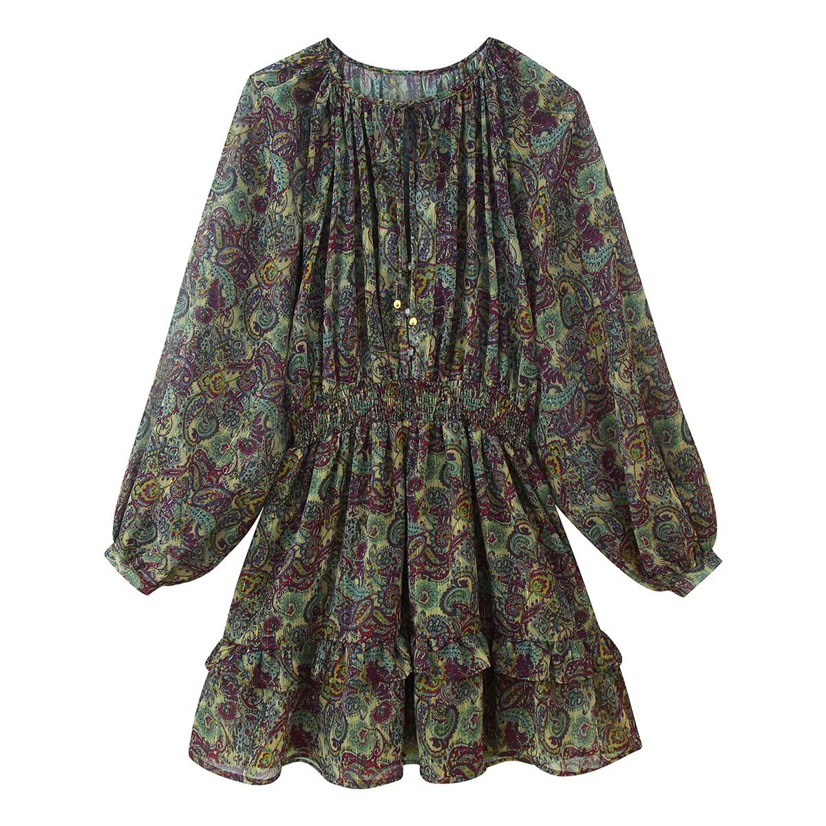 Metallic Floral Print Mini Dress with Long Sleeves and High Waist