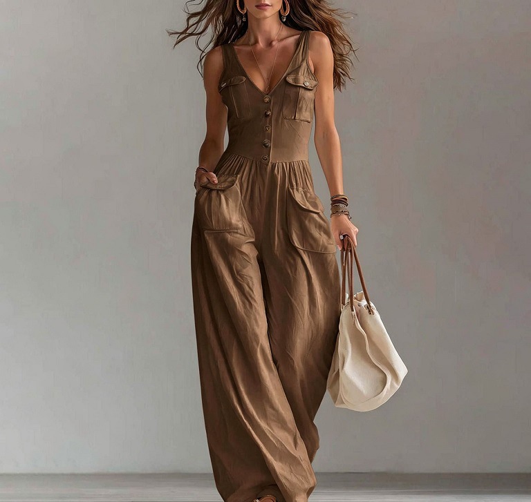 Women's Solid Color Button Pocket Loose Wide-Leg Overalls Jumpsuit