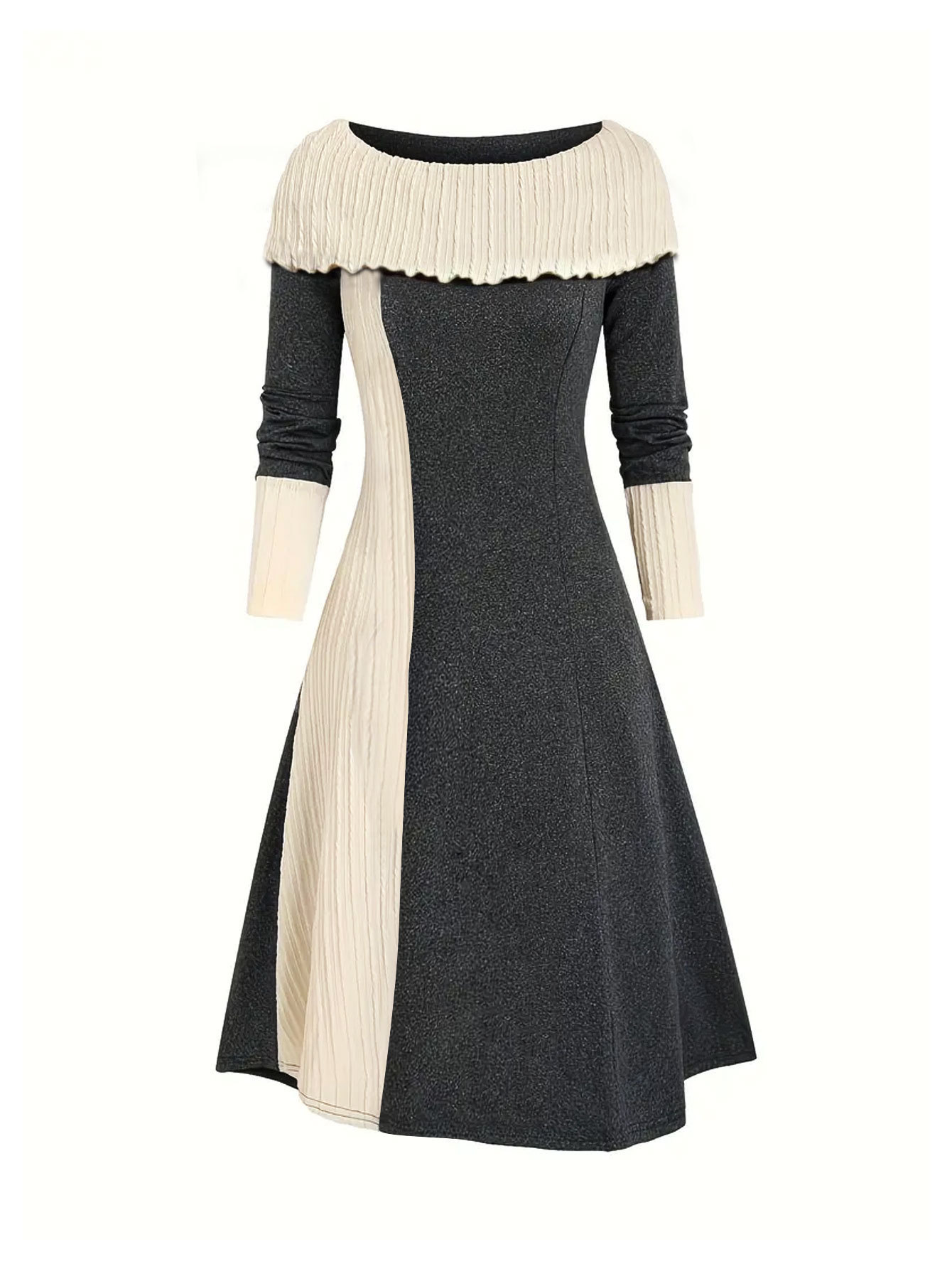 Elegant Color-Block Knit Dress with Fold-Over Neckline and Long Sleeves