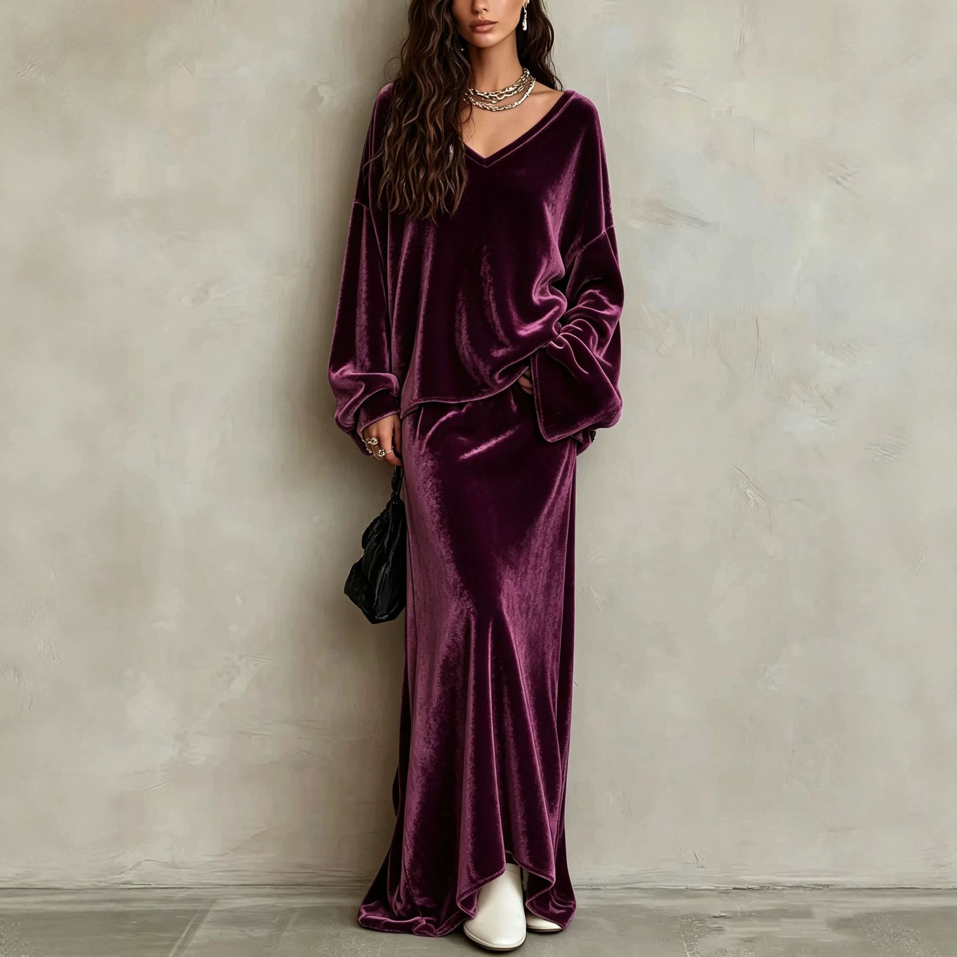 Solid Velvet V-Neck Long Sleeve Women's Skirt Set