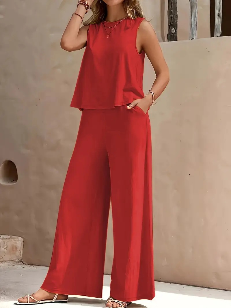 Solid Color Two-Piece Tank Top and Wide-Leg Pants Set