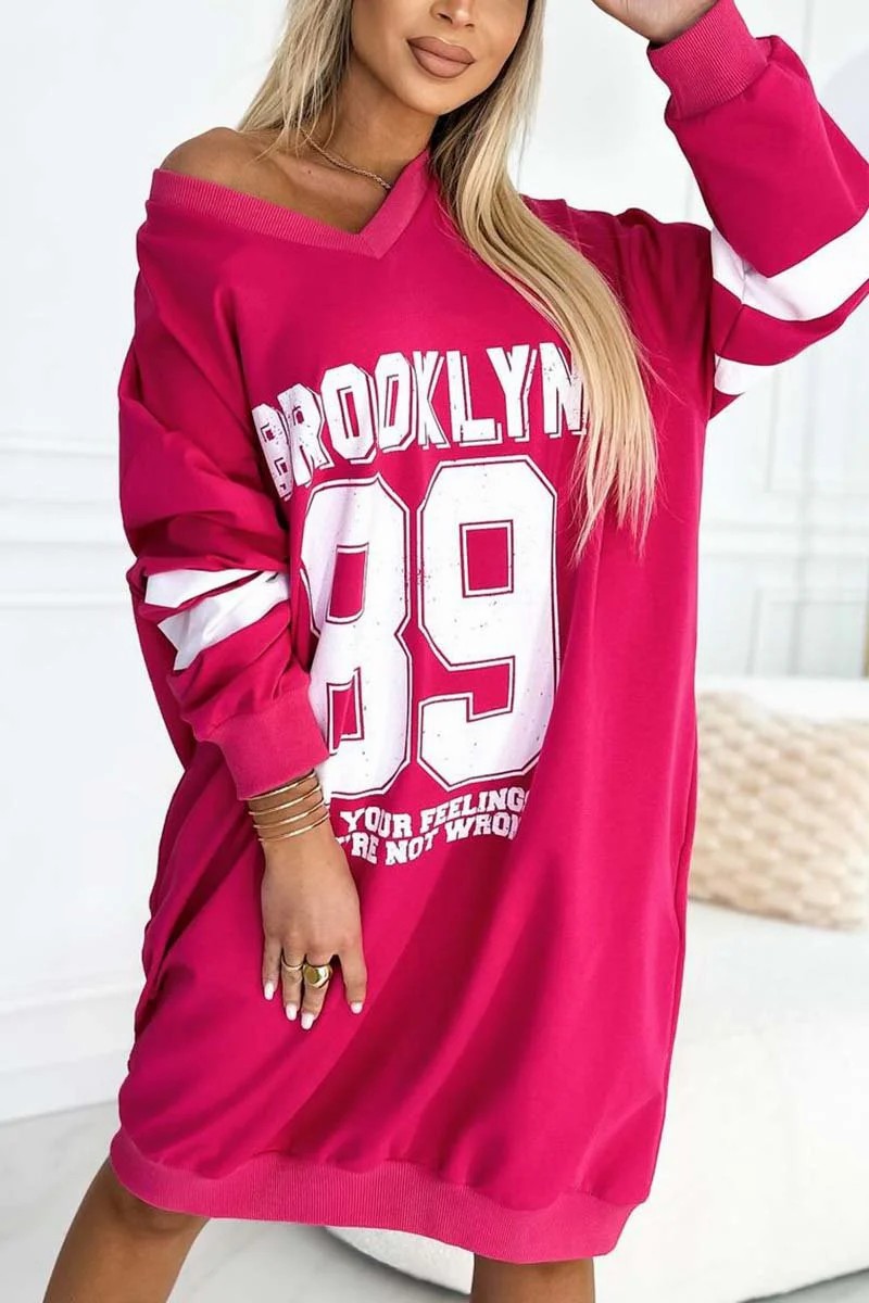 Women's Casual Letter Print Sweatshirt Dress V-Neck Long Sleeve A-Line Midi