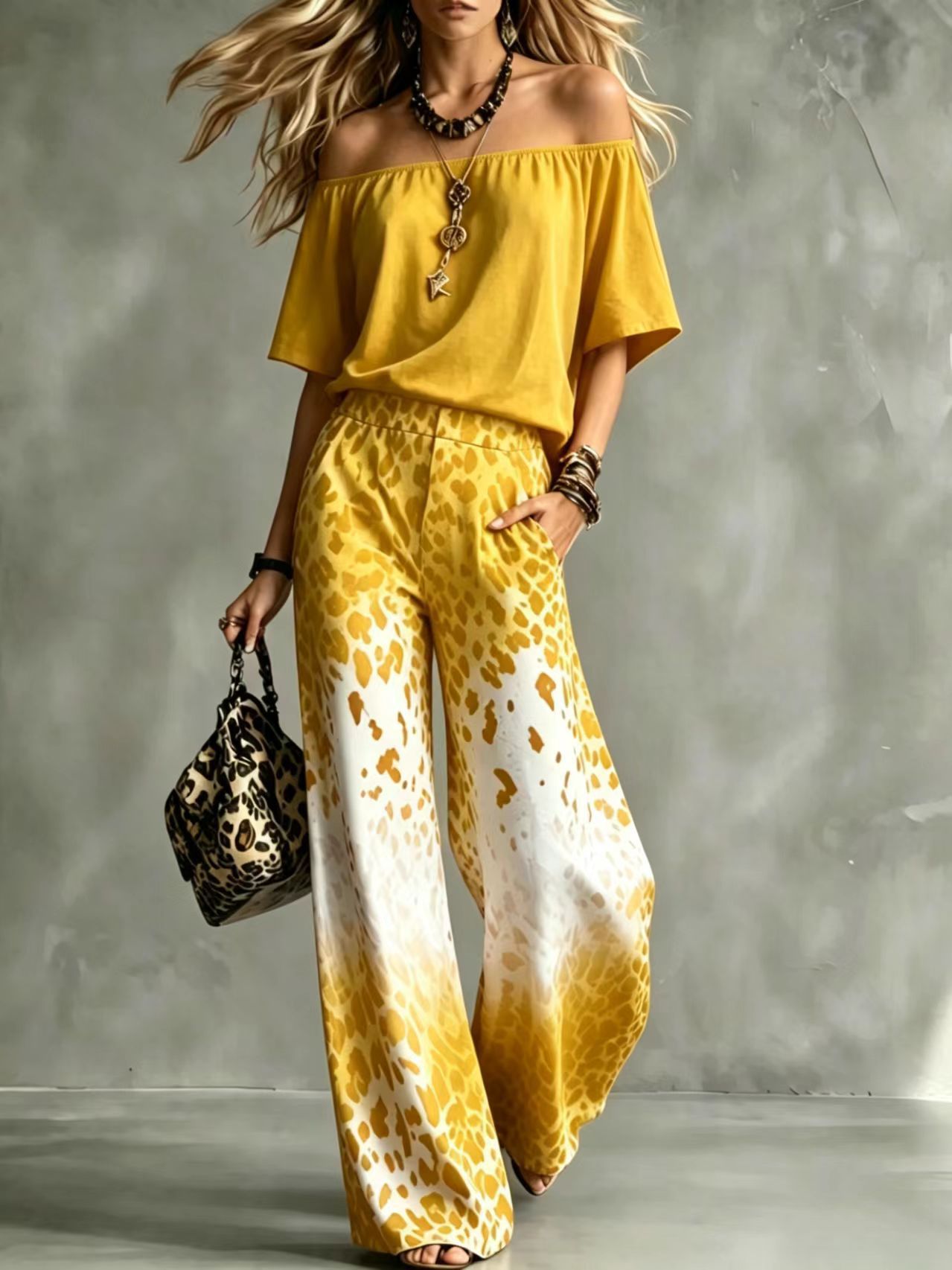 Leopard Gradient Off-Shoulder Top & Wide-Leg Pants Set