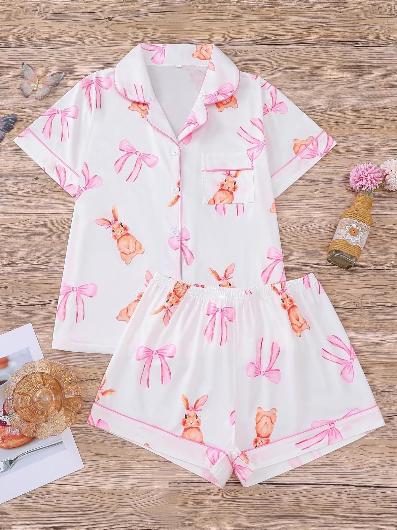 Women's Cuban Collar Rabbit Print Two-Piece Set with Ribbon