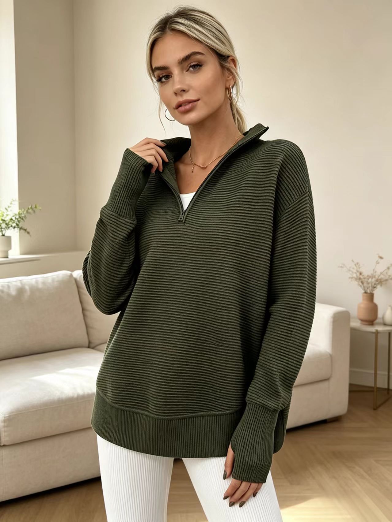 Women's Knit Half-Zip V-Neck Loose Midi Pullover Sweater with Dolman Sleeves