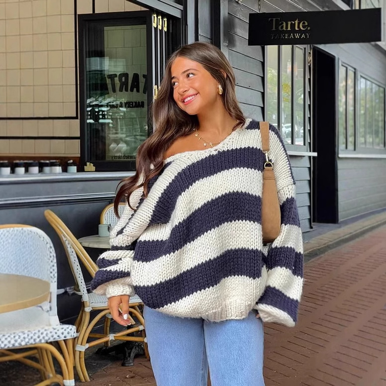Striped One-Shoulder Knit Sweater