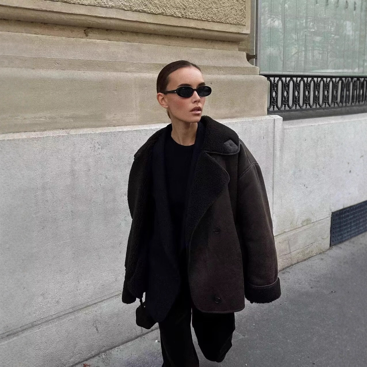 Women's Faux Fur Shearling Coat with Lapel Collar