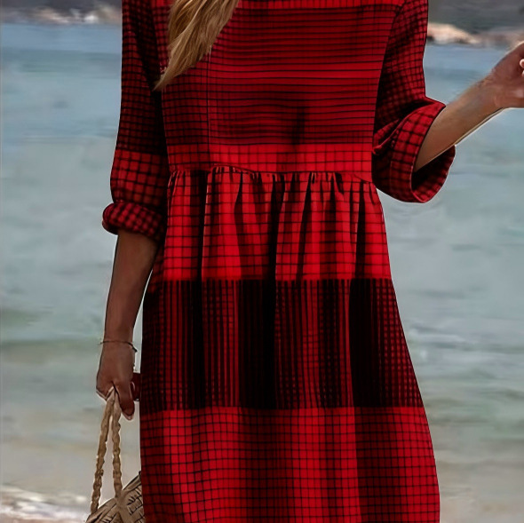 Women's Solid Plaid Print Ruched Midi Dress