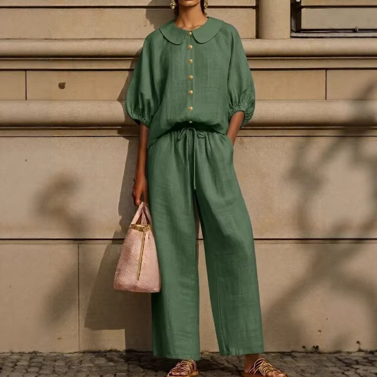Women's Cotton-Linen Lantern Sleeve Shirt & Drawstring Pants Set