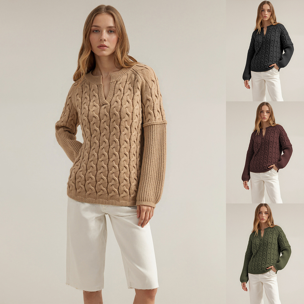 Cable-Knit V-Neck Long-Sleeve Sweater