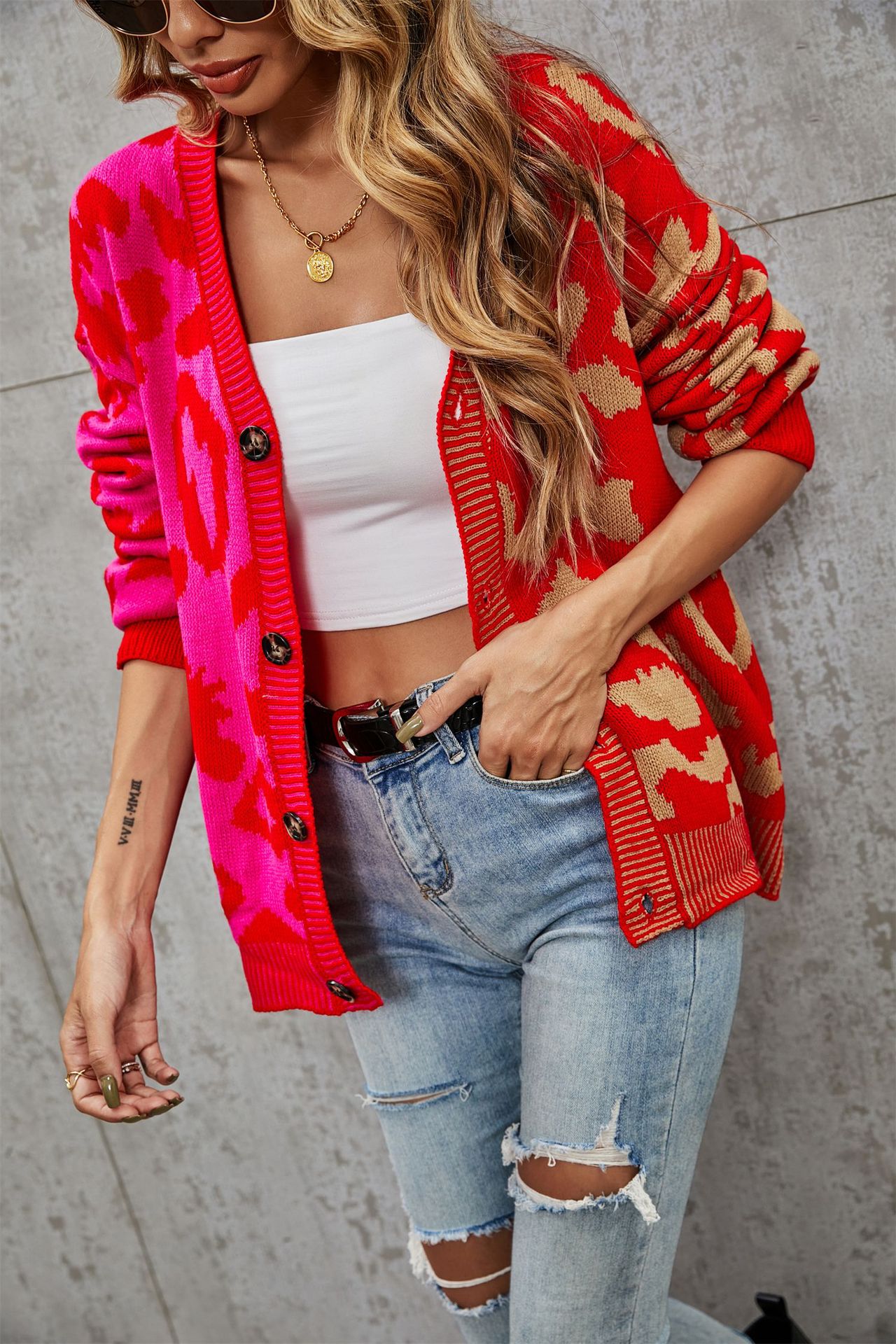 Leopard Print Patchwork Plus Size Button Cardigan Knit Sweater