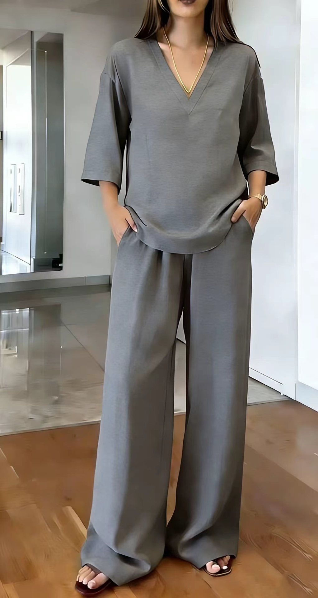 Women's Solid V-Neck Half-Sleeve Top & Wide-Leg Pants Casual Set