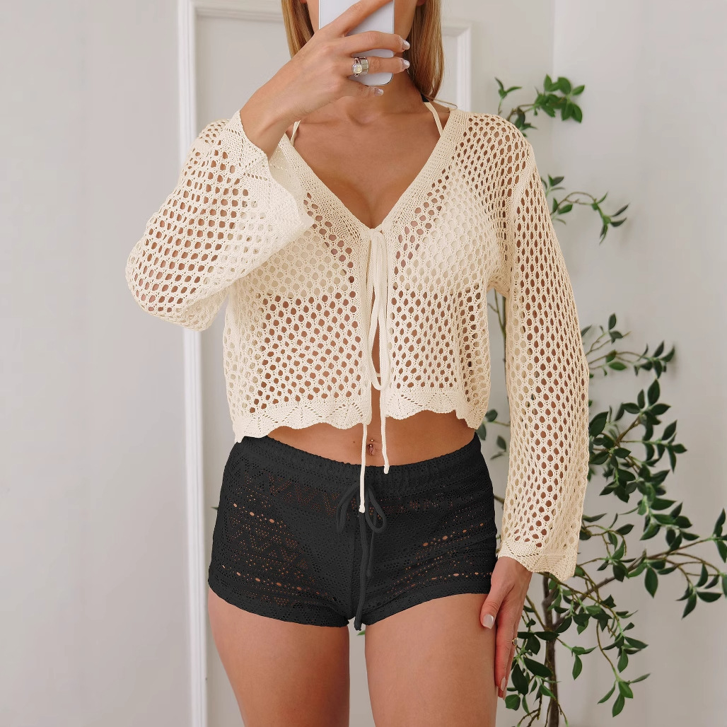 Women's Tie-Front Open-Knit Cardigan Long-Sleeve Beach Cover-Up