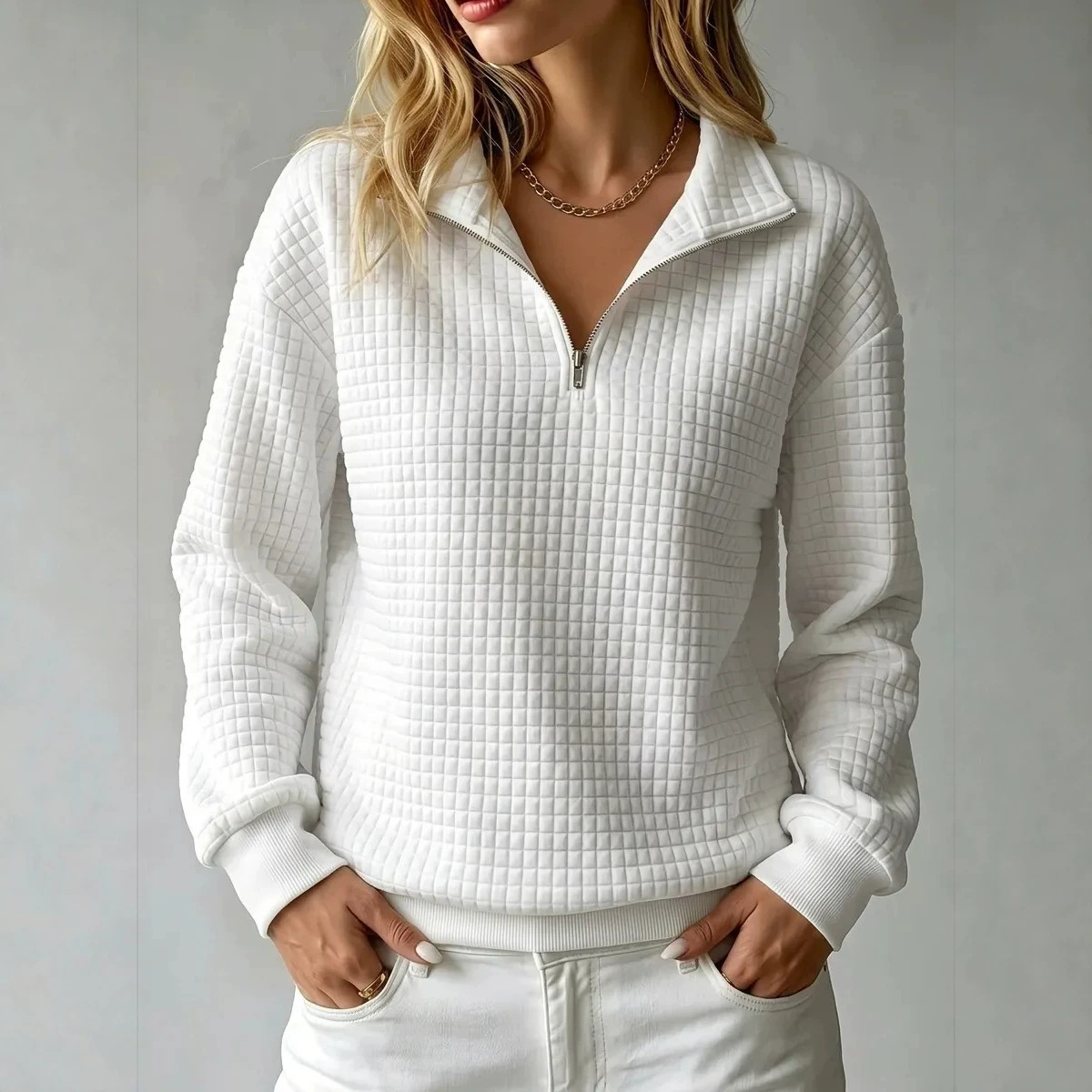 Women's Waffle Knit Zip-Up Long Sleeve Sweatshirt Solid Color Loose Fit