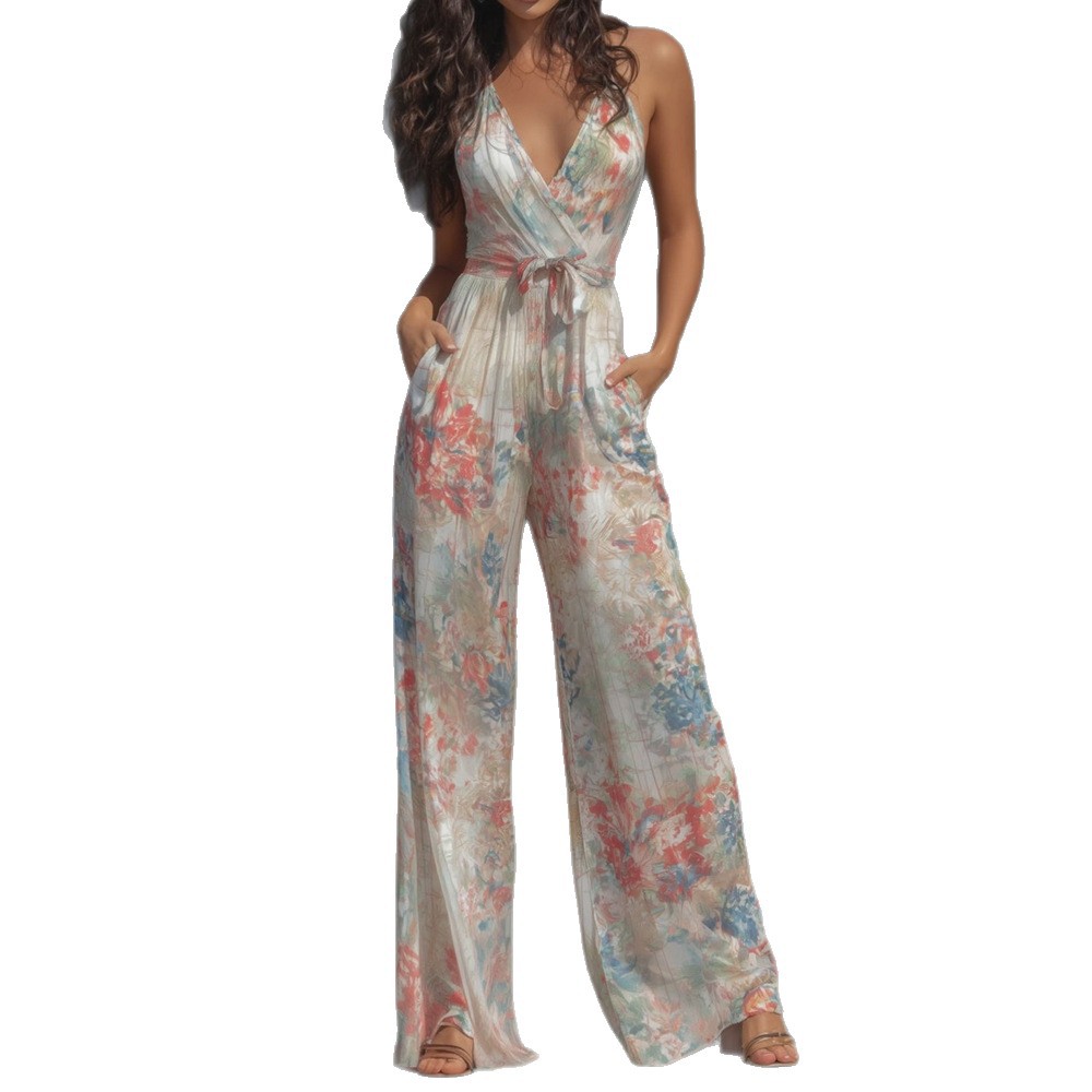Women's Floral Print Deep V-Neck Backless Sleeveless Jumpsuit